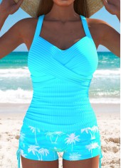 Criss Cross Mid Waisted Tropical Plants Print Tankini Set
