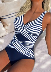 Criss Cross Striped Navy One Piece Swimwear | thumb picture 