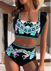 Circular Ring Mid Waisted Tribal Print Black Bikini Set