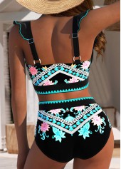 Circular Ring Mid Waisted Tribal Print Black Bikini Set