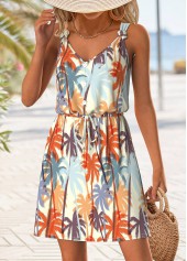 Multi Color Button Tropical Plants Print Short Strappy Dress | thumb picture 