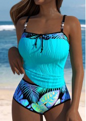 Tie Mid Waisted Tropical Plants Print Cyan Tankini Set | thumb picture 