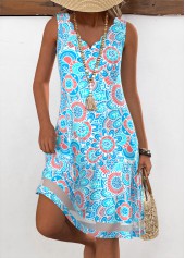 Neon Blue Floral Print A Line Sleeveless Dress