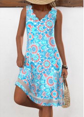 Neon Blue Floral Print A Line Sleeveless Dress | thumb picture 