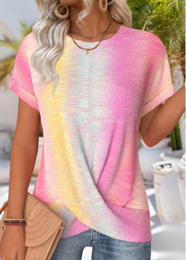 women clothes image of Multi Color Ombre Short Sleeve Round Neck T Shirt