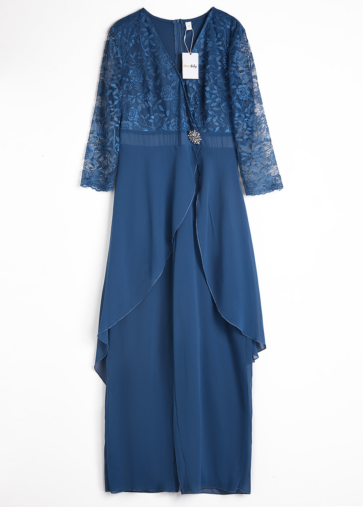 Peacock Blue Lace Long Three Quarter Length Sleeve Jumpsuit | picture 