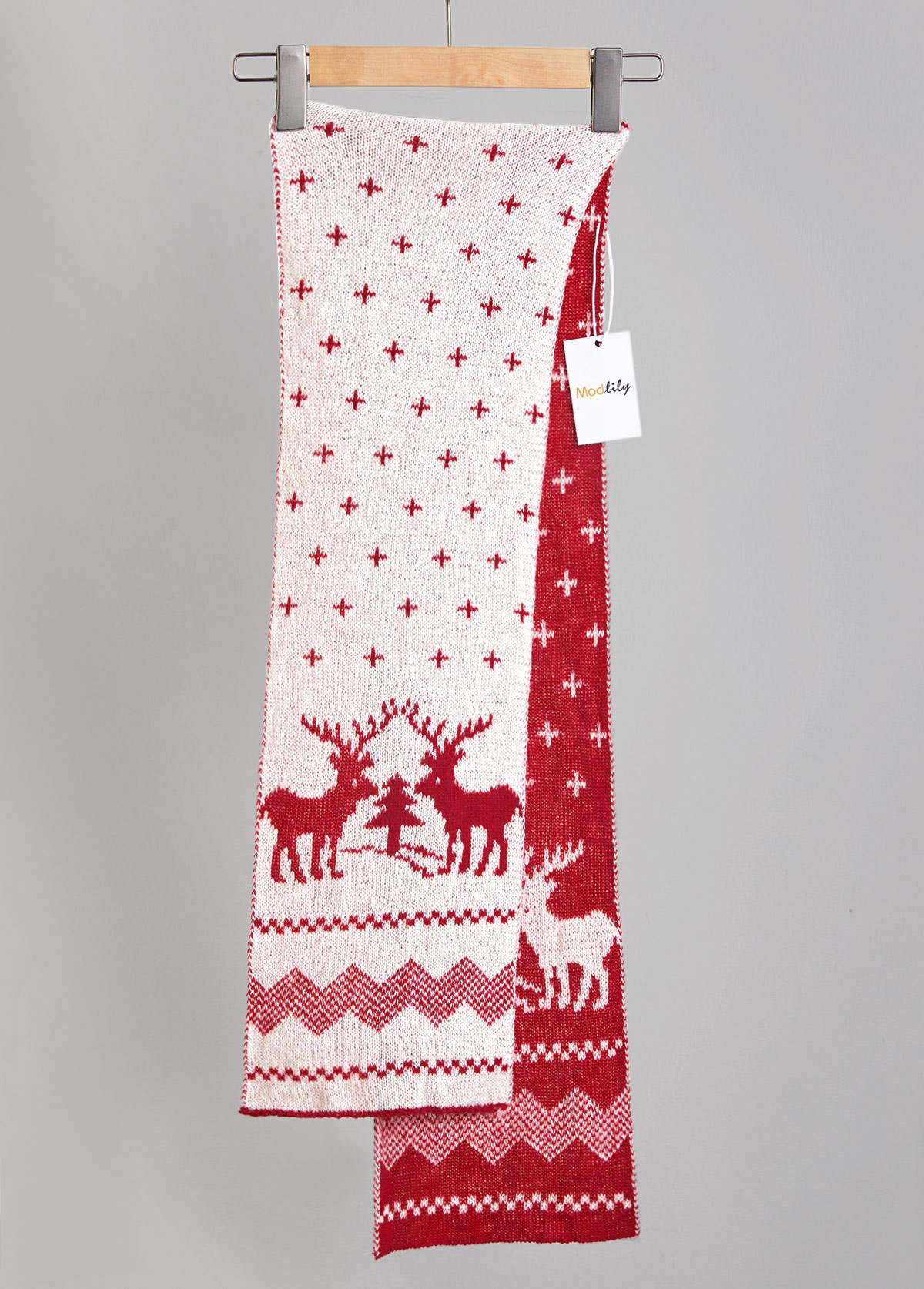 Christmas Wine Red Geometric Elk Print Scarf | picture 