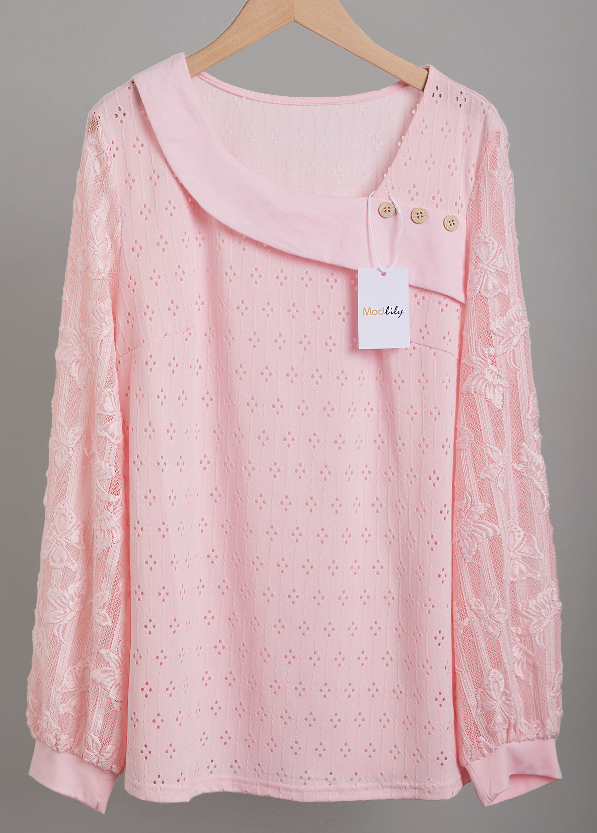 Light Pink Lace Long Sleeve Asymmetrical Neck T Shirt | picture 