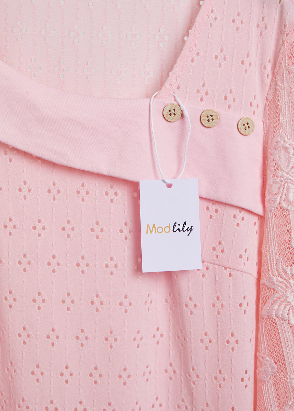 Light Pink Lace Long Sleeve Asymmetrical Neck T Shirt | picture 