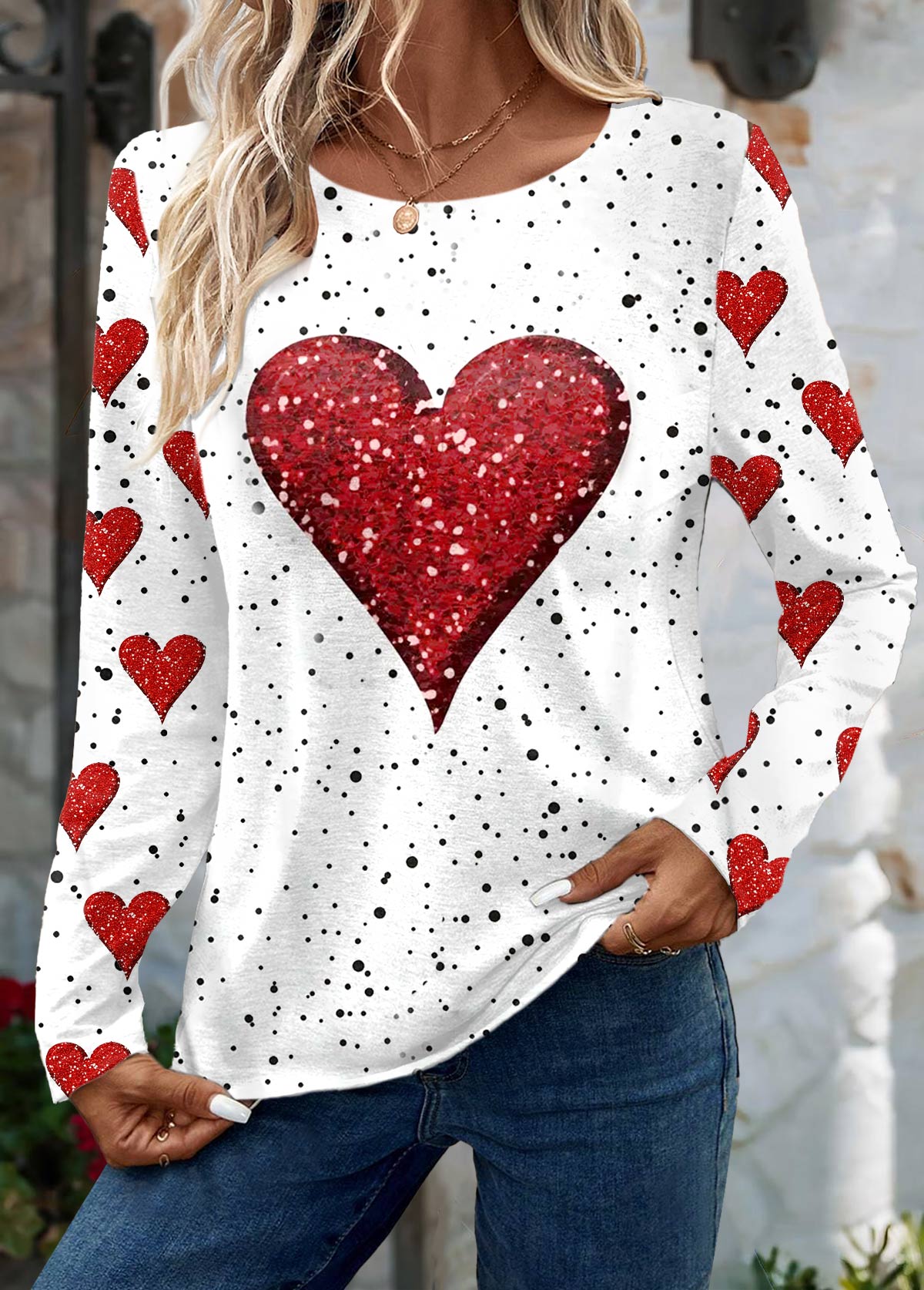 White Valentine's Day Print Long Sleeve T Shirt