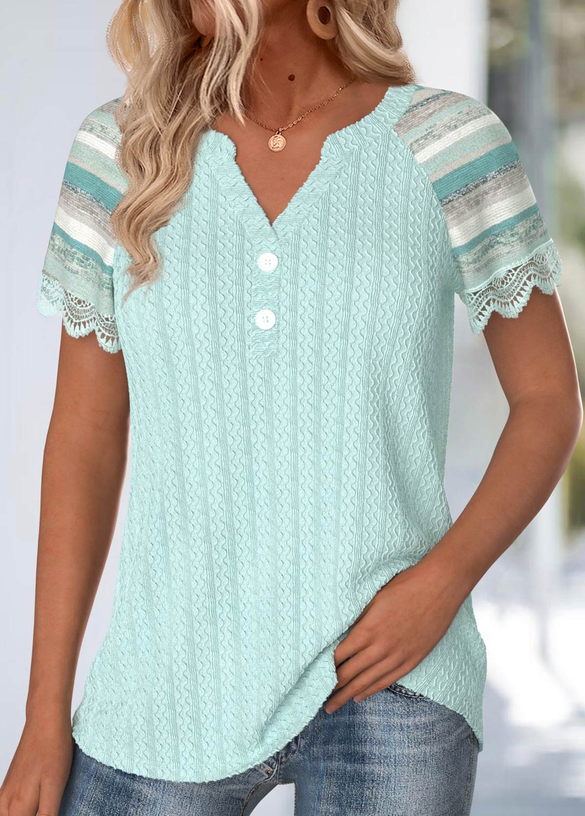 Mint Green Embroidery Multi Stripe Print T Shirt | picture 