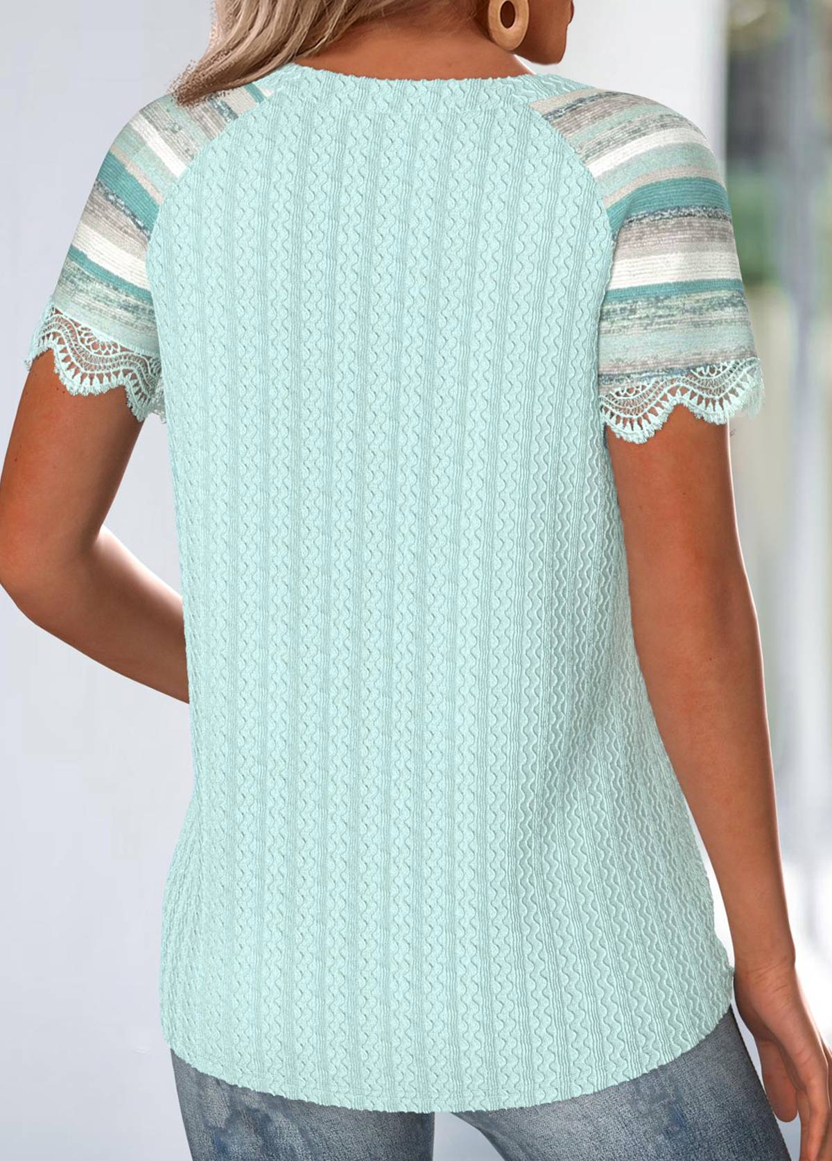 Mint Green Embroidery Multi Stripe Print T Shirt | picture 