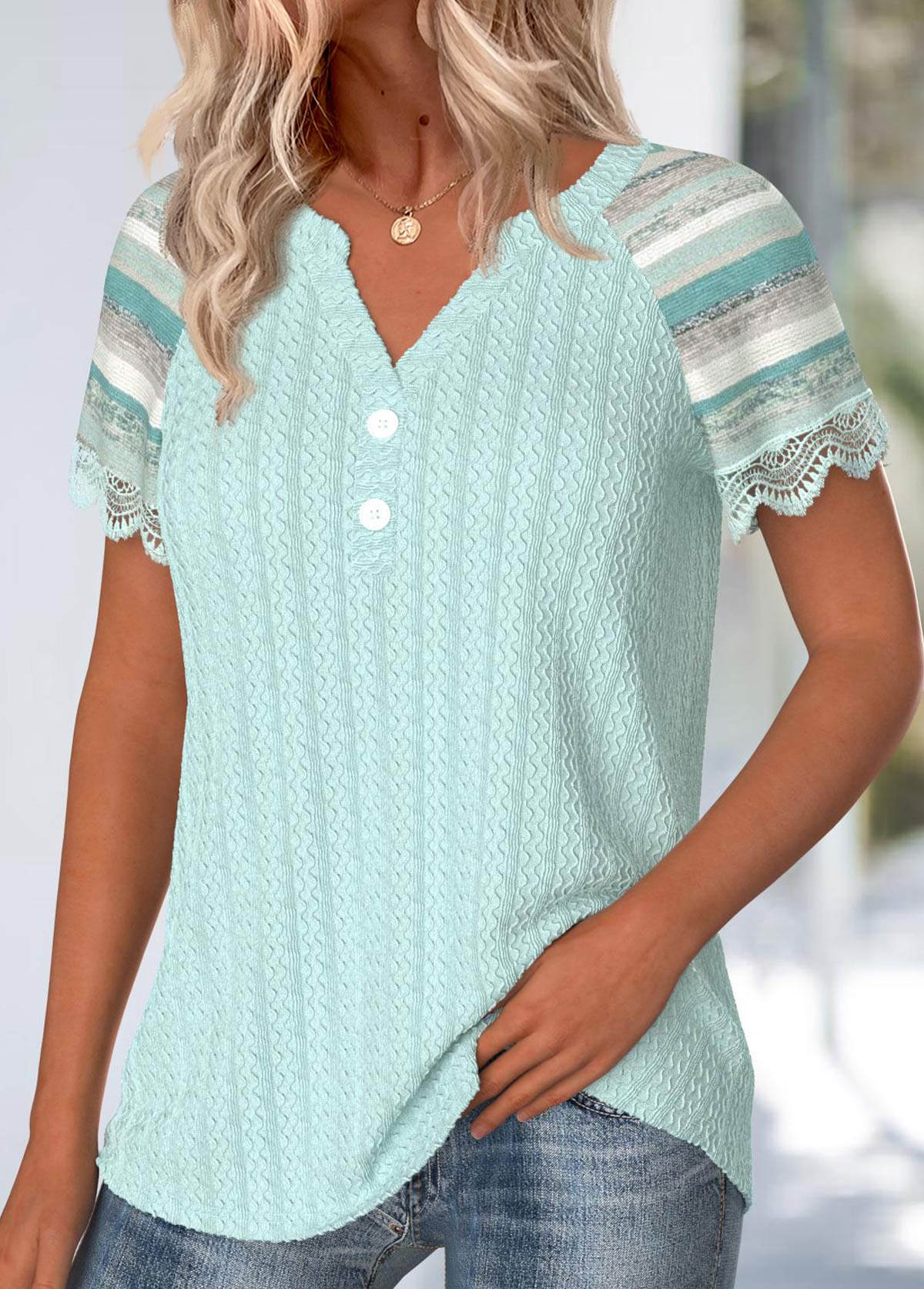 Mint Green Embroidery Multi Stripe Print T Shirt | picture 