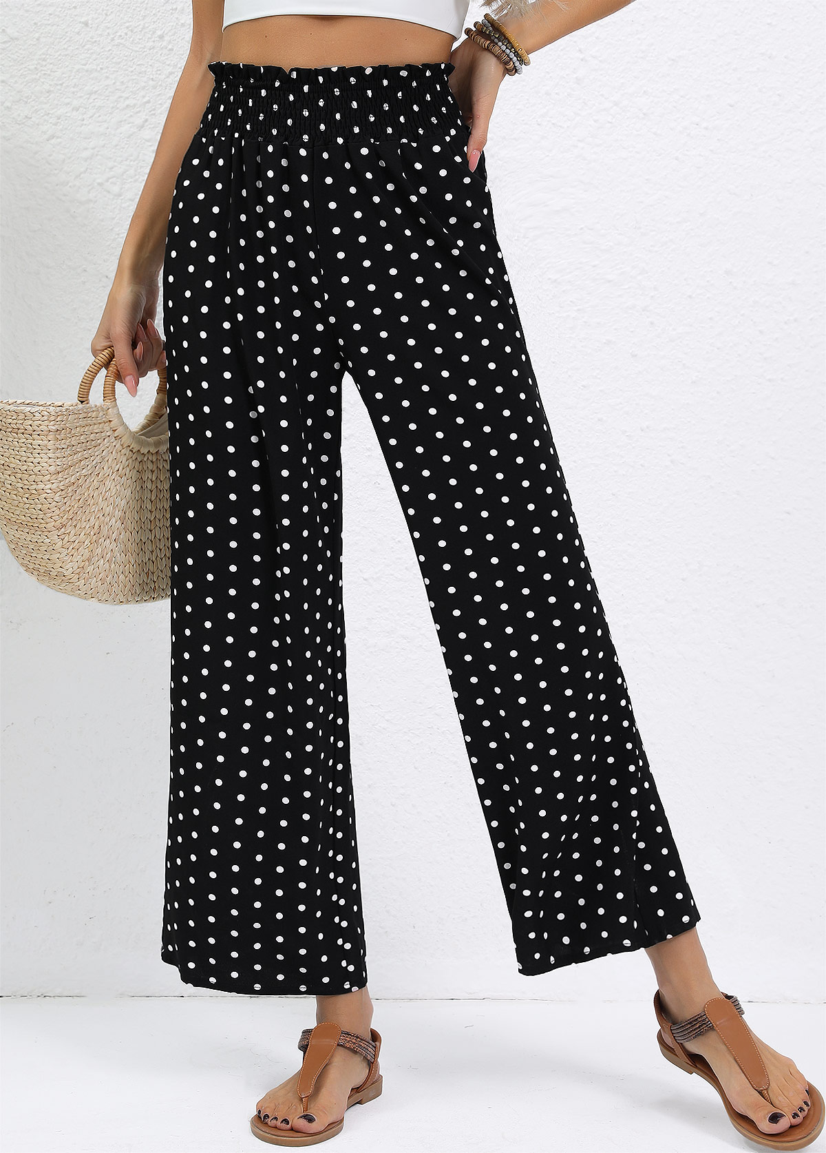 Black Polka Dot Wide Leg Elastic Waist Pants | picture 