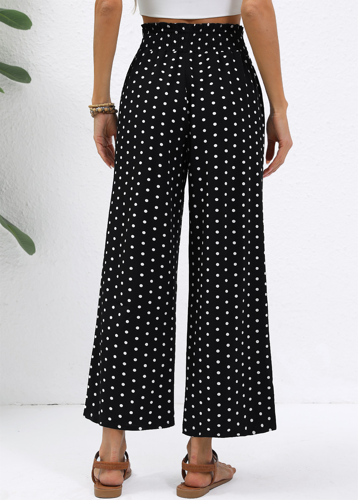 Black Polka Dot Wide Leg Elastic Waist Pants | picture 