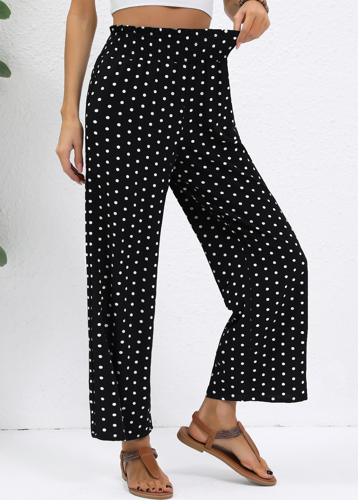 Black Polka Dot Wide Leg Elastic Waist Pants | picture 