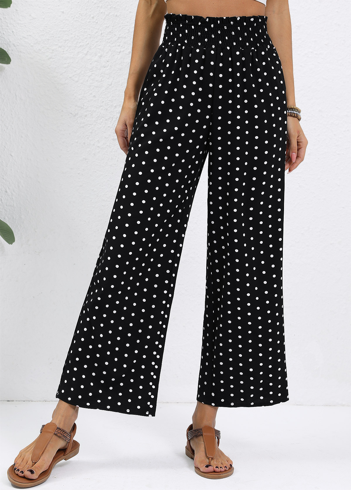 Black Polka Dot Wide Leg Elastic Waist Pants | picture 