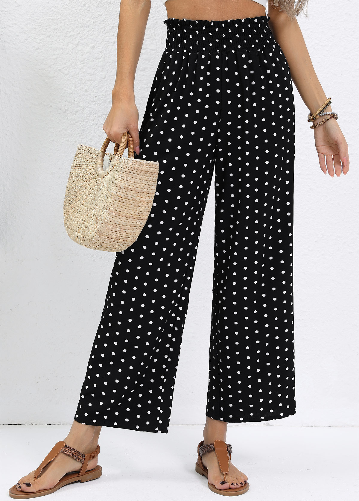 Black Polka Dot Wide Leg Elastic Waist Pants | picture 