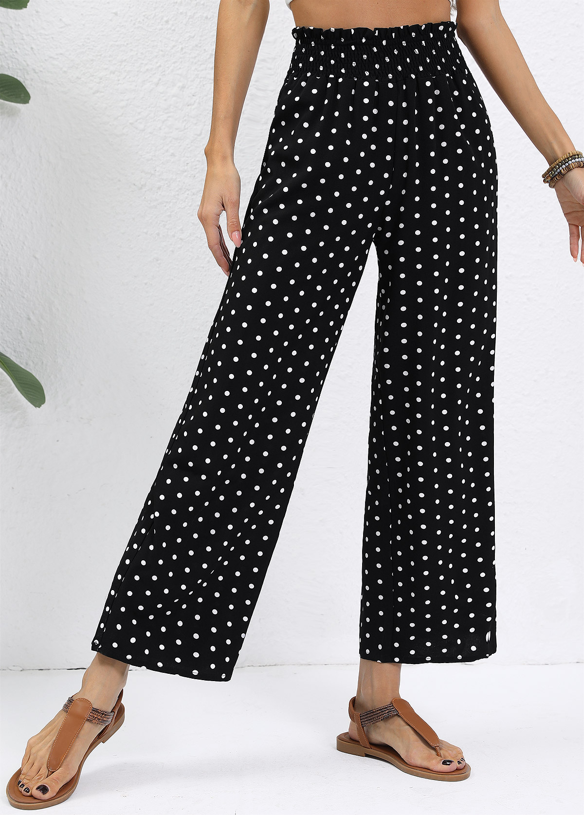 Black Polka Dot Wide Leg Elastic Waist Pants | picture 
