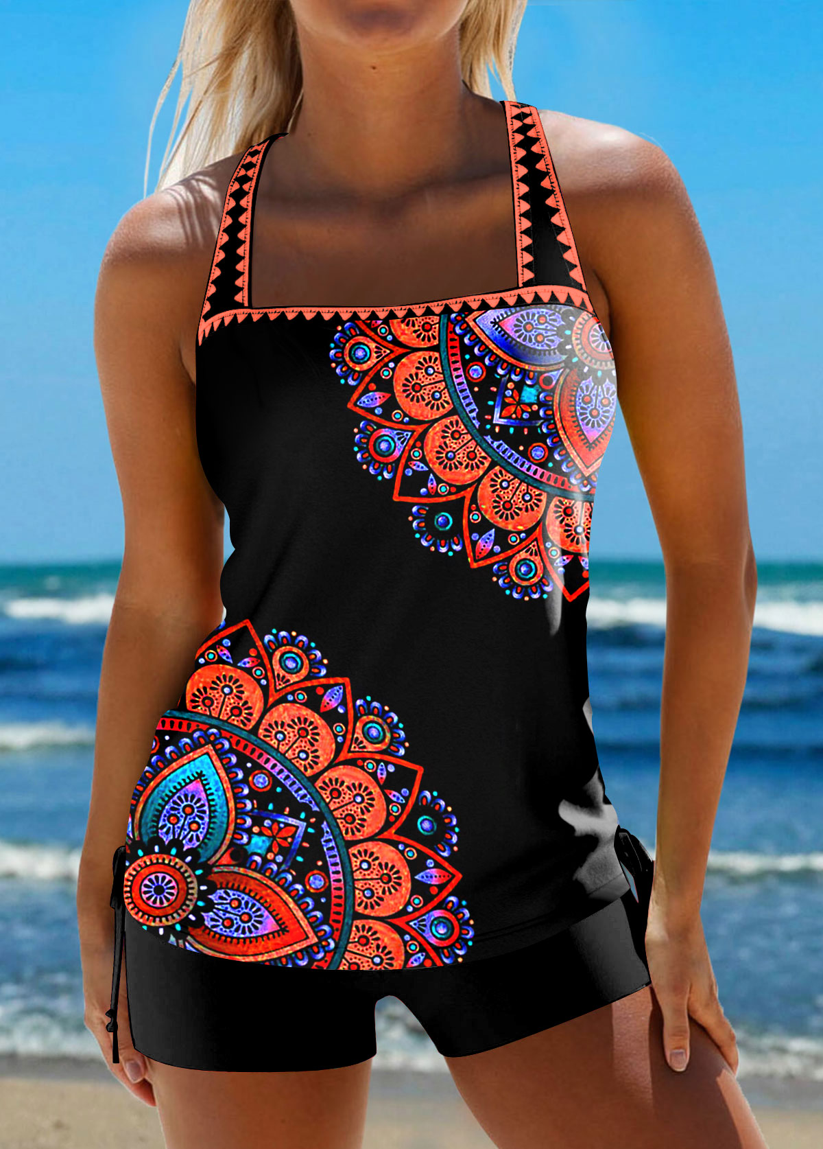 Contrast Binding Mid Waisted Tribal Print Black Tankini Set