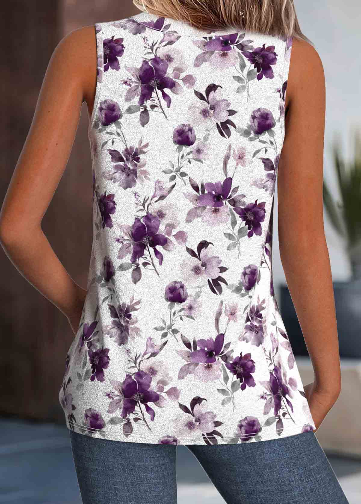 White Floral Print Sleeveless V Neck Tank Top | picture 
