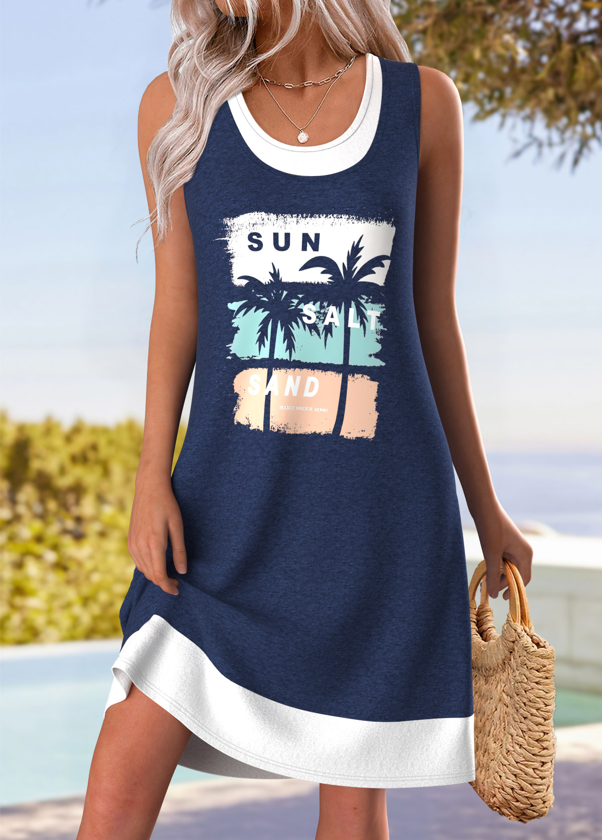 Navy Patchwork Tropical Plants Print A Line Sleeveless Dress | picture 