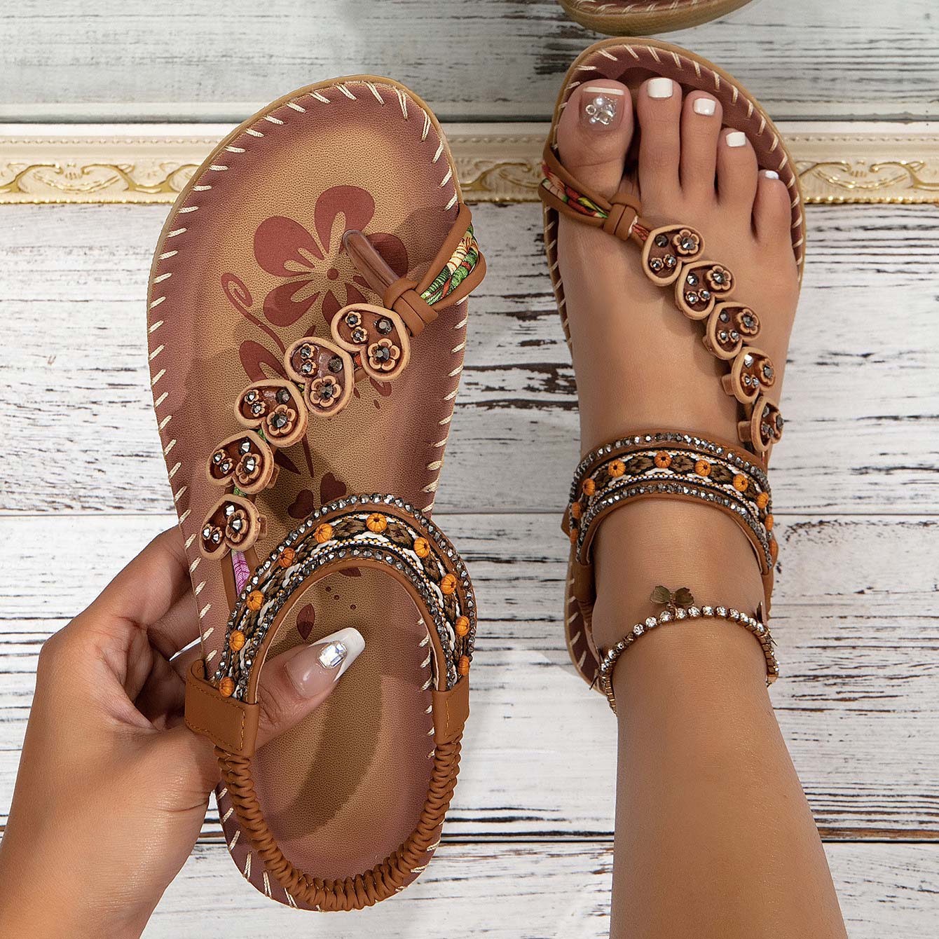 Modlily Dark Coffee Tribal Print Toe Post Falt  41