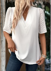 White Patchwork Half Sleeve V Neck Blouse