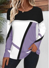 Light Purple Patchwork Geometric Print Long Sleeve T Shirt