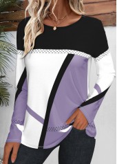 Light Purple Patchwork Geometric Print Long Sleeve T Shirt | thumb picture 