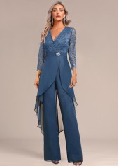 Peacock Blue Lace Long Three Quarter Length Sleeve Jumpsuit