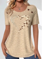 Light Camel Button Butterfly Print Short Sleeve T Shirt