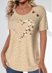 Light Camel Button Butterfly Print Short Sleeve T Shirt