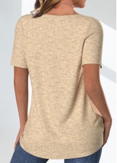 Light Camel Button Butterfly Print Short Sleeve T Shirt