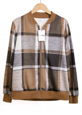 Dark Coffee Zipper Plaid Long Sleeve Stand Collar Jacket | thumb picture 