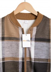 Dark Coffee Zipper Plaid Long Sleeve Stand Collar Jacket | thumb picture 