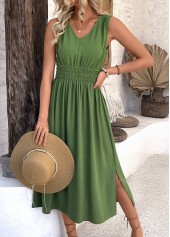 Avocado Green Smocked Sleeveless V Neck Dress | thumb picture 