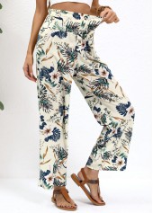 Beige Plants Print Straight Leg Elastic Waist Pants | thumb picture 