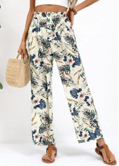Beige Plants Print Straight Leg Elastic Waist Pants | thumb picture 