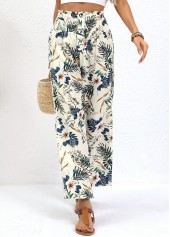 Beige Plants Print Straight Leg Elastic Waist Pants | thumb picture 