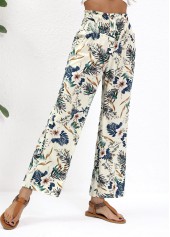 Beige Plants Print Straight Leg Elastic Waist Pants | thumb picture 