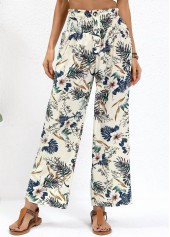 Beige Plants Print Straight Leg Elastic Waist Pants