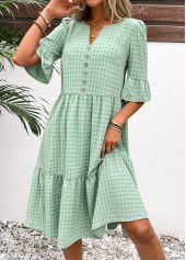 Light Green Button A Line Half Sleeve Dress