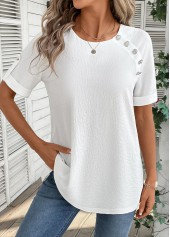 Bleaching White Button Short Sleeve Round Neck Blouse