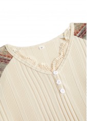Beige Embroidery Striped Long Sleeve V Neck T Shirt | thumb picture 