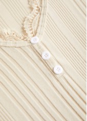 Beige Embroidery Striped Long Sleeve V Neck T Shirt | thumb picture 