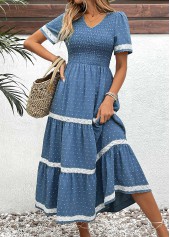 Dusty Blue Embroidery Short Sleeve V Neck Dress | thumb picture 