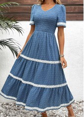 Dusty Blue Embroidery Short Sleeve V Neck Dress | thumb picture 