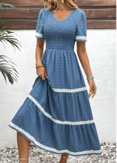 Dusty Blue Embroidery Short Sleeve V Neck Dress | thumb picture 