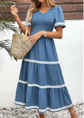 Dusty Blue Embroidery Short Sleeve V Neck Dress
